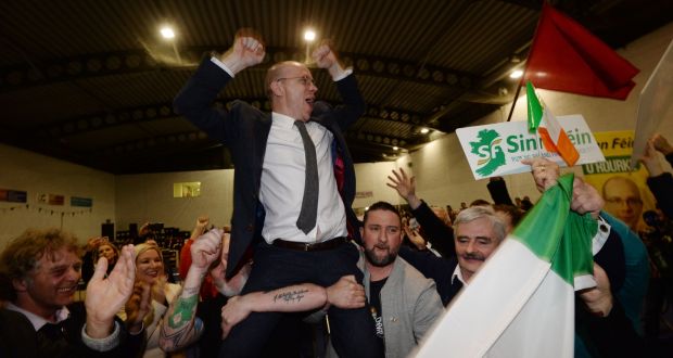 Sinn Féins Darren O’Rourke celebrates the announcement of his election at the Meath East count centre in Ashbourne. Photograph: Alan Betson