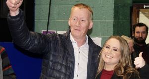 Mairead Farrell arrived at Galway West count with her election agent Cathal O’Conhúir.  Photograph: Ronan McGreevy