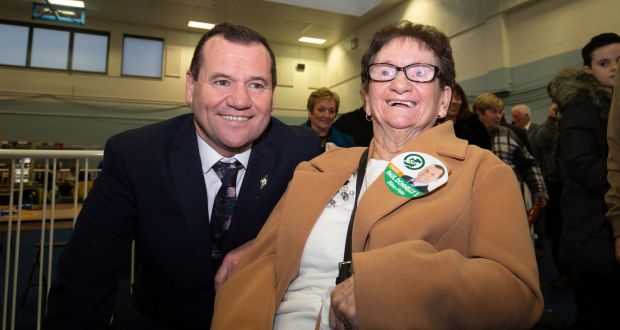 Sinn Féin TD Paul Donnelly with his mother Bridie at the Dublin West counting centre in Phibblestown Community Centre, Dublin 15. Photograph: Tom Honan