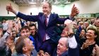 Micheál Martin of Fianna Fail reacts to being elected to the 33rd Dáil at for Cork South-Central on the sixth count. Photograph: Jeff J Mitchell/Getty Images
