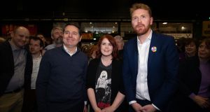 Fine Gael’s Paschal Donohoe, Green Party’s Neasa Hourigan and Social Democrats’ Gary Gannon, all elected on the final count for Dublin Central. Photograph: Tom Honan/The Irish Times