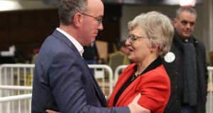 Katherine Zappone congratulates John Lahart of Fianna Fáil who was elected in the Dublin southwest constituency. Photograph: Damien Eagers/The Irish Times.