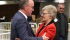 Katherine Zappone congratulates John Lahart of Fianna Fáil who was elected in the Dublin southwest constituency. Photograph: Damien Eagers/The Irish Times.