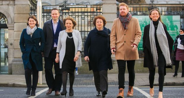 Social Democrat TDs Jennifer Whitmore, Cian O’Callaghan, Catherine Murphy, Róisín Shortall, Gary Gannon and Holly Cairns outside Leinster House on Wednesday. Photograph: Gareth Chaney/Collins