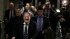 Harvey Weinstein, on trial for rape and predatory sexual assault,  leaving the court in New York on Thursday. Photograph: Jeenah Moon/Reuters
