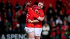 Munster’s John Hodnett celebrates scoring a try with James Cronin during the Guiness Pro 14 game against Southern Kings at Musgrave Park. Photograph:   Tommy Dickson/Inpho