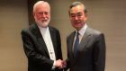  Archbishop Paul Gallagher (L), Holy See Secretary for Relations with States, shaking hands with Chinese Foreign Minister Wang Yi on the sidelines of the Munich 2020 security conference in Munich. - Photograph: Handout by Vatican media/AFP/Getty Images
