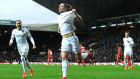 Luke Ayling of Leeds United celebrates after scoring his side’s fwinner during the Championship clash with Bristol City. Photo: George Wood/Getty Images