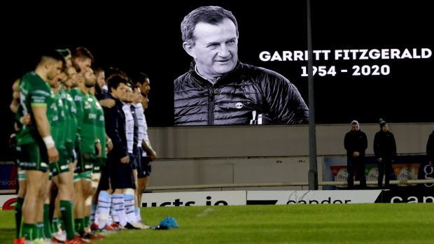 A minute’s silence is observed for former Munster CEO Garrett Fitzgerald at The Sportsground ahead of the kick-off on Saturday night. Photograph: James Crombie/Inpho