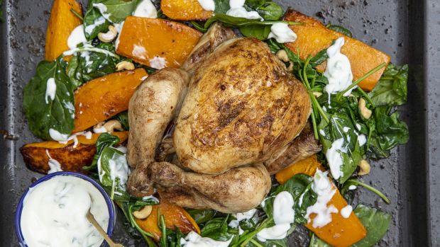 Roast spice bag chicken, butternut squash, baby spinach and cashew nuts