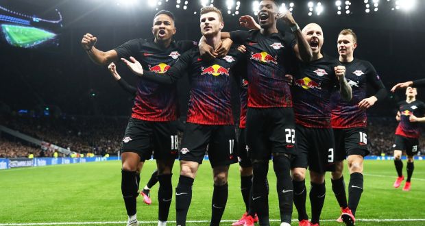 Timo Werner with his RB Leipzig team mates after scoring at the Tottenham Hotspur Stadium. Photograph: Getty Images