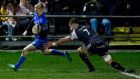 Leinster’s Tommy O’Brien beats Olly Cracknell of Ospreys to score the opening try in the Guinness Pro 14 game at  The Gnoll in  Neath. Photograph:  Ryan Hiscott/Inpho 