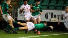 Max O’Reilly reaches over to score Ireland’s fifth try during the Under-20 Six Nations Championship match against England at Franklin’s Gardens. Photograph: Billy Stickland/Inpho