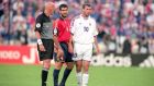 Pierluigi Collina, Pep Guardiola and Zinedine Zidane during the quarter-finals of 2000 European Championships. Photograph: Graham Chadwick/Allsport