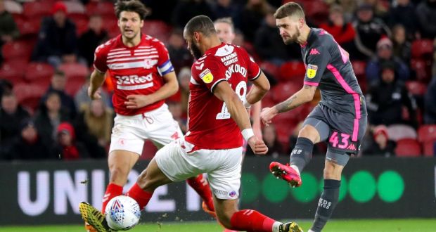 Leeds United’s Mateusz Klich  scores during the Championship match against Middlesbrough at the  Riverside Stadium. Photograph:  Richard Sellers/PA Wire