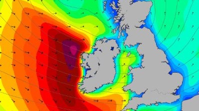 A wind map from Saturday morning showing the anticipated movement of StormJorge off the west coast of Ireland. Image: Magicseaweed