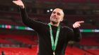 Manchester City’s Catalan manager Pep Guardiola after winning the Carabao Cup final against Aston Villa. Photograph: EPA