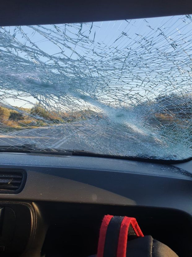 The smashed windscreen following the attack on the car Dr Cochrane was travelling in. The cars were carrying mostly women from countries around the world including Norway, Spain and the US. Photograph: Dr Nicola Cochrane