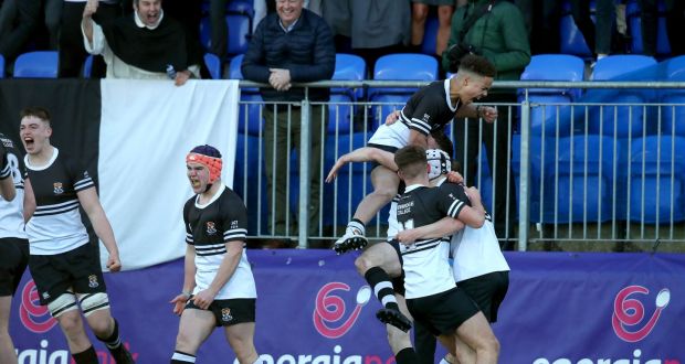 Newbridge College  players celebrate at the final whistle after their victory over St Michael’s College in the semi-finals of the Bank of Ireland Leinster Schools Senior Cup semi-final at  Donnybrook. Photograph: Bryan Keane/Inpho