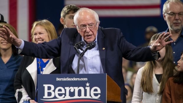 Senator Bernie Sanders speaks during a primary night rally in Essex Junction, Vermont, on Tuesday. Photograph: Kate Flock/Bloomberg.