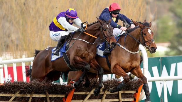 Latest Exhibition (left), ridden by Bryan Cooper, in action at Leopardstown during the Dublin Racing Festival. Photograph: Bryan Keane/Inpho