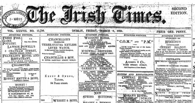 A section of the front page of The Irish Times on March 8th, 1895