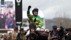 Barry Geraghty aboard Epatante celebrate their victory in the Champion Hurdle at Cheltenham Festival at Cheltenham. Photograph: Simon Cooper/PA Wire. 