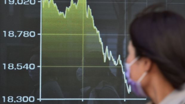 A pedestrian looks at a display showing movement of share prices on the Tokyo Stock Exchange after US president Donald Trump announced measures to tackle coronavirus. Photograph: Kazuhiro Nogi AFP via Getty Images