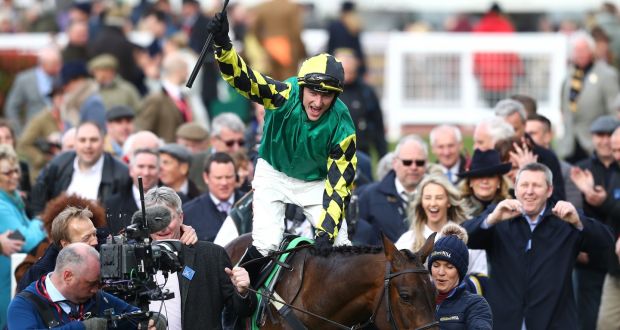 Adam Wedge riding Lisnagar Oscar celebrates winning the Paddy Power Stayers’ Hurdle. Photograph: Getty Images