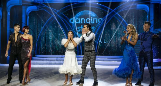 2FM presenter Lottie Ryan and pro dancer Pasquale La Rocca celebrate winning the Final of Dancing with the Stars. Photograph: Kyran O’Brien 