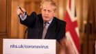 British prime minister Boris Johnson gives a press conference on the ongoing situation with the Covid-19 pandemic in London on Monday. Photograph: Richard Pohle/EPA