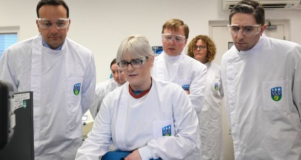  Scientist Doireann Loughlin- Waldron (C) showing Taoiseach Leo Varadkar (L) and Minister for Health Simon Harris a computer graph during their visit to the National Virus Reference Laboratory in Dublin Ireland where testing for Covid-19 takes place. Photograph: Aidan Crawley/EPA