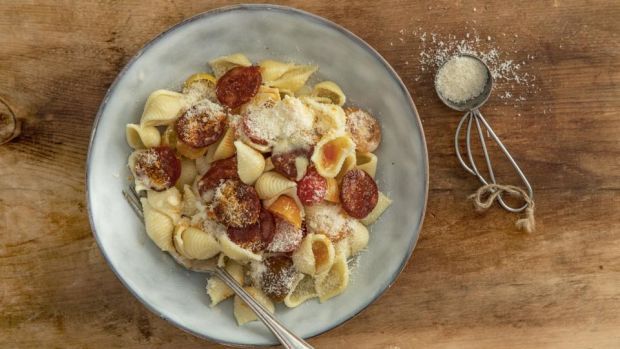 Paul Flynn orecchiette with chorizo, cherry tomatoes, cream and Parmesan. Photograph: Harry Weir