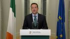Taoiseach Leo Varadkar making his address to the nation in a rare live broadcast. Handout photograph: RTÉ/PA Wire