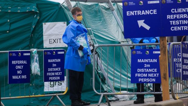 Staff at the testing area for Covid-19 (coronavirus) at Sir John Rogerson’s Quay, in Dublin on Tuesday. Photograph: Gareth Chaney/Collins