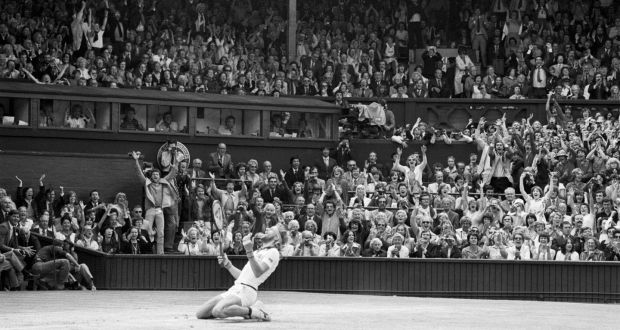 Björn Borg sinks to his knees after winning the 1980 Wimbledon men’s singles final against John McEnroe.  Photograph: Getty Images
