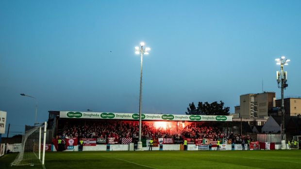 Shels fans in the Windmill Road terrace before the match. Photo: James Crombie/Inpho