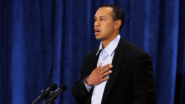 Tiger Woods during his press conference in February 2010 when he publicly admitted to cheating on his wife Elin Nordegren. Photograph: Joe Skipper-Pool/Getty Images