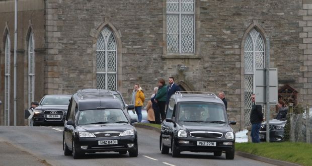 Two hearses carrying the  bodies of William and Madge Finlay, who died from Covid-19 within 20 hours of each other, in the rural village of Ardstraw in Co Tyrone on Saturday. Photograph: John McVitty