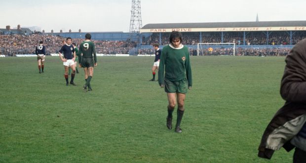 George Best leaves the pitch in Windsor Park in 1970 having been sent off against Scotland. 
