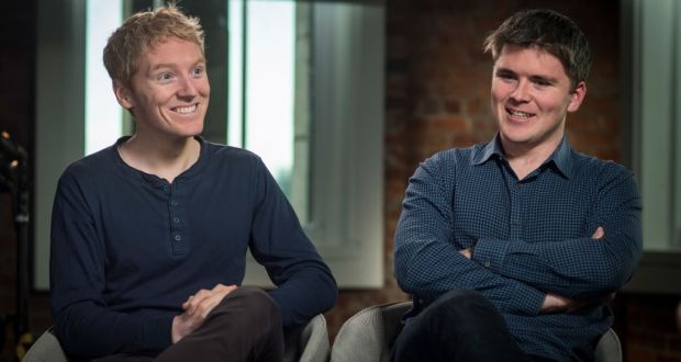 Patrick Collison (left) with brother John Collison, giving an interview to Bloomberg in San Francisco. Photograph: David Paul Morris/Bloomberg