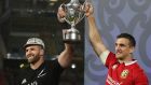 Opposing captains Kieran Read of the All Blacks and Sam Warburton of the Lions lift the trophy following a drawn series in 2017. Photograph:  David Rogers/Getty Images