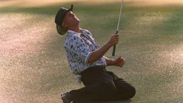 Greg Norman reacts after narrowly missing his chip shot on the 15th green during the final tound of the 1996 US Masters at Augusta. Photograph: Stephen Munday/Allsport
