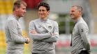 Stephen Kenny  with his Ireland under-21 assistants Keith Andrews and  Jim Crawford. Photograph: Oisín Keniry/Inpho