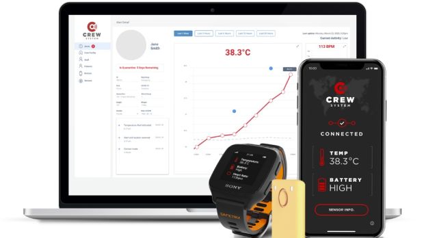 The Crew (Covid-19 remote early warning system) components monitor body temperature and alert healthcare workers promptly when they must self isolate.