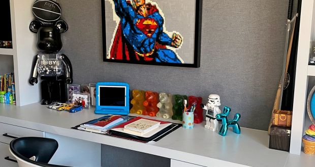 Michelle Gerson, an interior designer, planned three separate zones for her eight-year-old son’s studies, including a built-in desk in his bedroom with storage shelves and drawers. 
