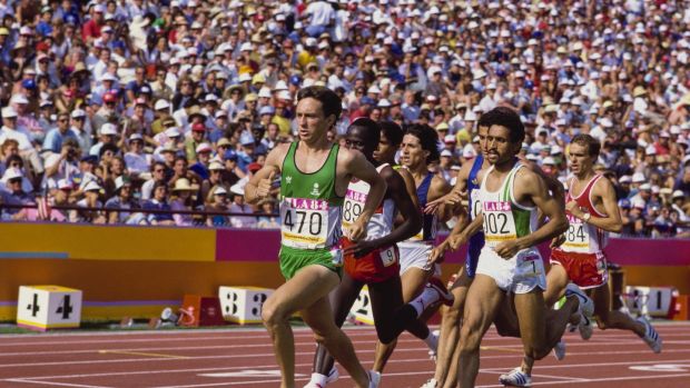 Marcus O’Sullivan leads his semi-final of the 1,500m during the 1984 Olympic Games at the Los Angeles Memorial Coliseum. Photograph: Tony Duffy/Allsport/Getty Images
