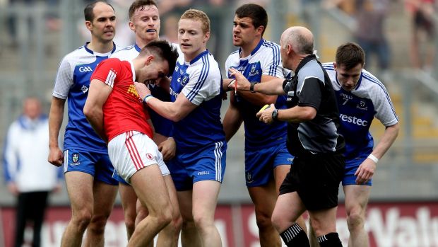 Tiernan McCann with Colin Walshe of Monaghan during the 2015 All-Ireland quarter-finals. Photograph: James Crombie/Inpho