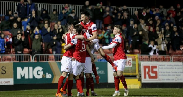 St Patrick’s Athletic players celebrate Billy King’s goal during the SSE Airtricity League Premier Division game against Cork City at  Richmond Park on March 6th. Photograph: Brian Reilly-Troy/Inpho