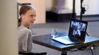 Environmental activist Greta Thunberg has a video conversation about the coronavirus and climate change  at the Nobel Museum in Stockholm on Tuesday. Photograph: Jessica Gow/EPA